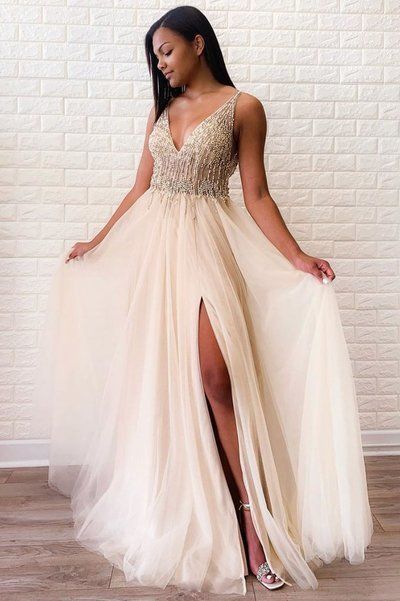 Glamorous A Line V Neck Light Champagne Long Prom/Evening Dresses with Beading cg6712