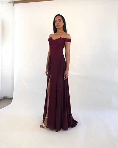 Classic A Line Off the Shoulder Burgundy/Green Long Prom/Evening Dresses with Appliques cg6727