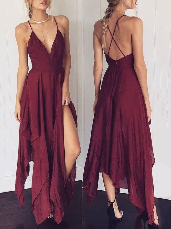Asymmetrical V Neck Crisscross Back Maxi Slip prom Dress cg6745
