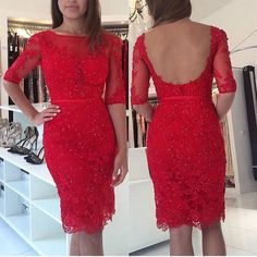 Half Sleeve short homecoming Dress with Beaded, Red Lace Evening Dress,Knee Length Gown cg6749