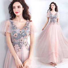 Short Sleeve Appliques Lace Beading Sequins Floor-Length / Long Ruffle Backless Formal prom Dresses cg6798