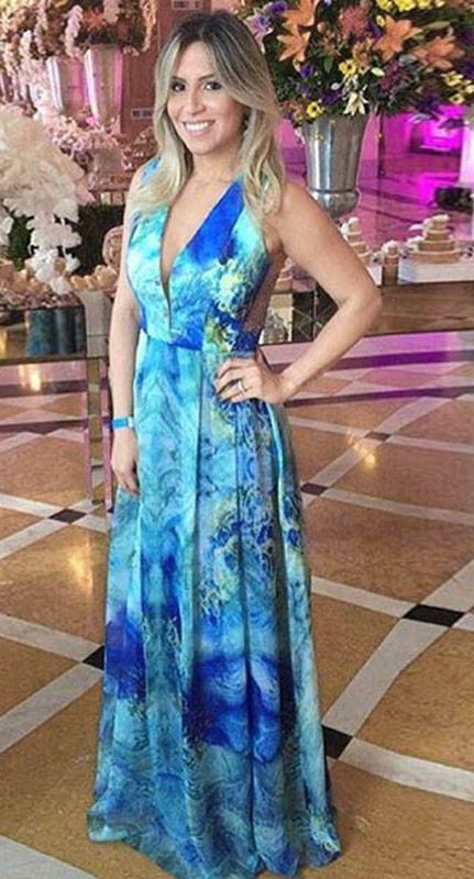 Blue Deep V-neck Pleated Printed Floor-length Prom Dress cg6813