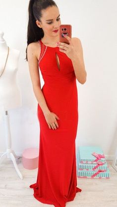 Mermaid Crew Open Back Floor-Length Red Prom Dress with Keyhole cg6828