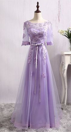 Sheer Lace Appliqués A-line Floor-Length Prom Dress, Evening Dress With Sleeves cg6832