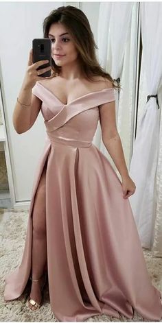 Simple Pink Satin Side Slit Prom Dress Custom Made Off Shoulder School Dance Dresses Fashion Long Evening Party Dresses cg6843