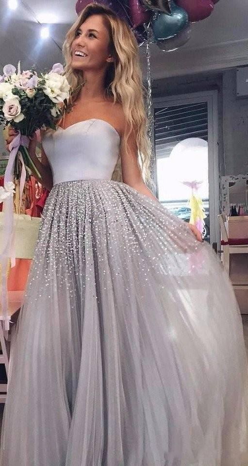 Sparkly Beading Long Prom Dresses Sweetheart Tulle Evening Gowns cg6848