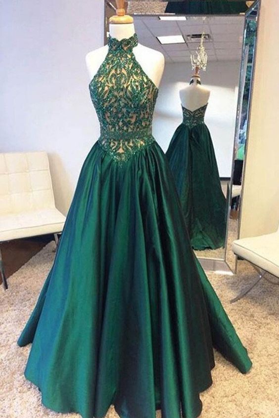 Halter Beaded Bodice A Line Satin Sweep Train Prom Dresses cg6860