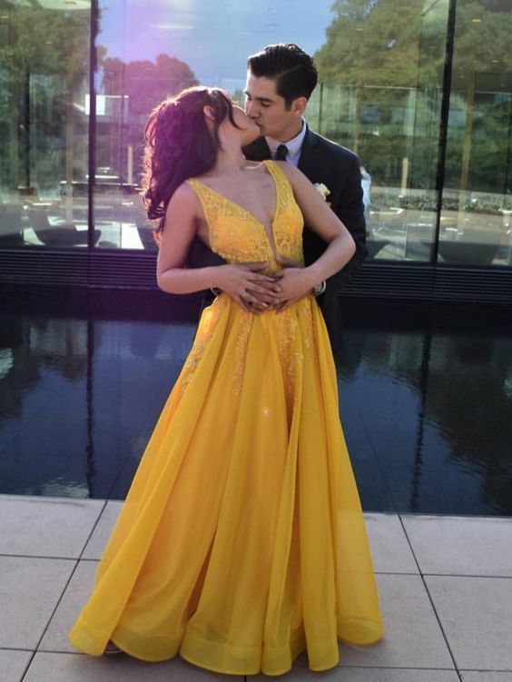 A-line V neck Yellow Long Prom Dress Cheap Formal Party Dress cg6864