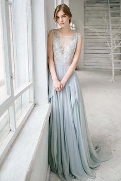 Illusion Bodice Grey Chiffon Evening Dress with Side Drapping Skirt,prom dress cg6866