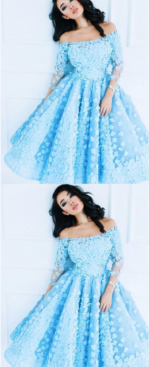 Off Shoulder A-Line 3/4 Sleeves Blue Short Prom Dress with Flowers cg6887