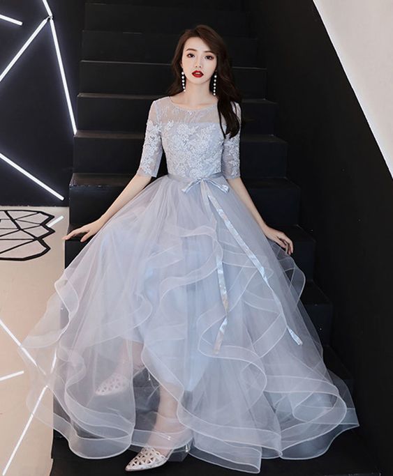Gray tulle lace long prom dress, gray tulle evening dress cg6902