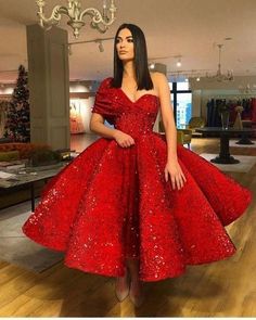 Sparkling Red Sequin Ball Gown Prom Dresses with One Shoulder Tea Length Puffy cg6916