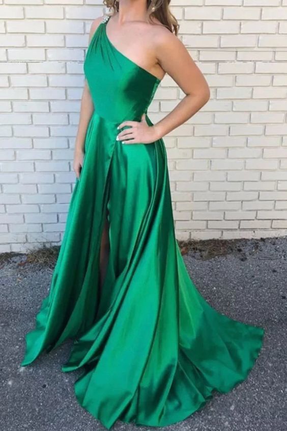 Elegant A-Line One Shoulder Green Long Prom Dress cg6939