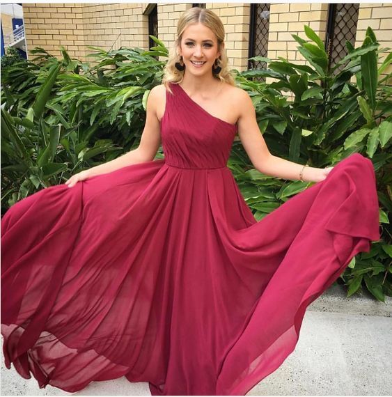 Simple burgundy one shoulder long prom dress, burgundy evening dresses cg6941
