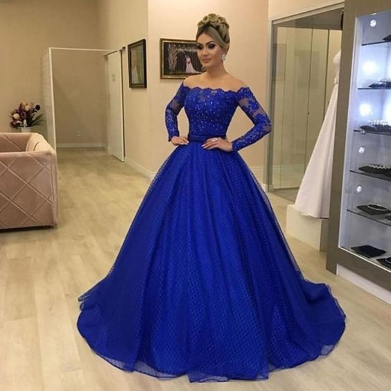 royal blue prom dresses 2020 long sleeve detachable skirt ball gown lace evening dresses cg6965