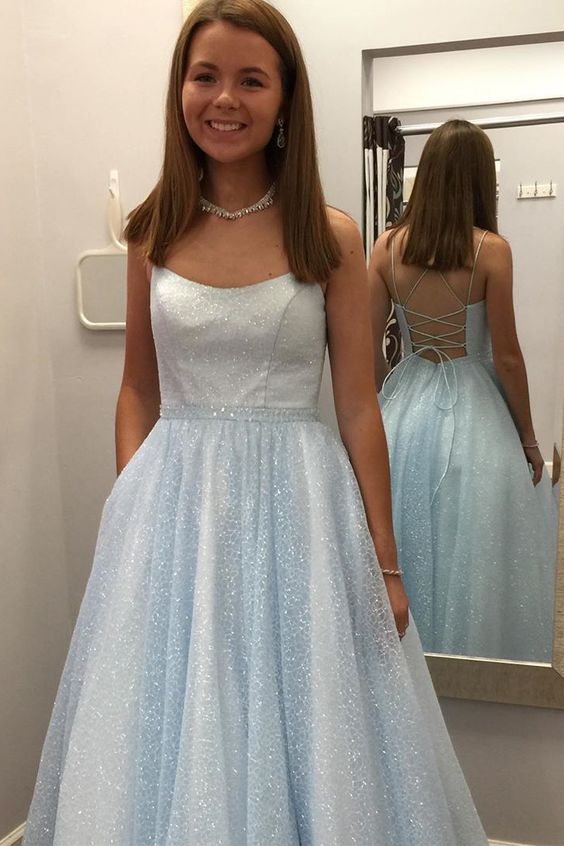 Glitter Light Sky Blue Long Prom Dress with Pockets cg6975