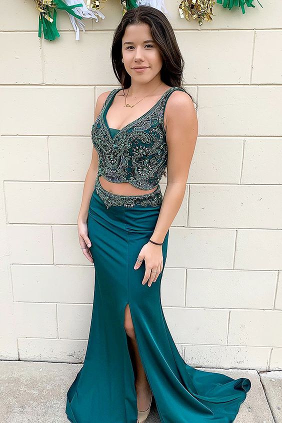 Mermaid Two Piece Beading Teal Long Prom Dress with Side Slit cg6977