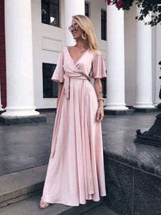Pink Party Dress, Flutter Sleeve Dress, Boho Gown, Bridesmaid Long prom Dress, Elegant Women Dress cg6979