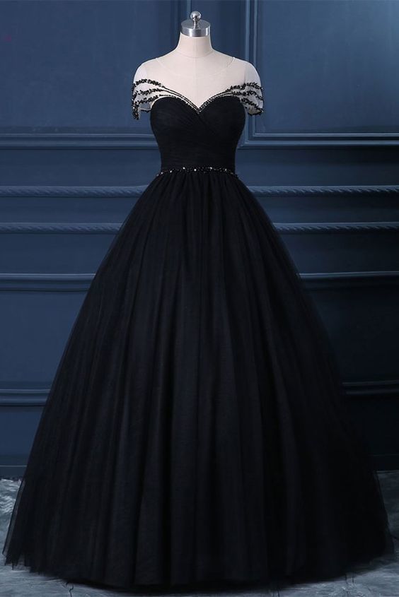 Black Tulle Cap Sleeve Black Tulle Crystal Long Formal Prom Dress, Party Dress cg6982