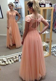 A-Line Cold Shoulder Open Back Coral Tulle Prom Dress with Appliques cg6991