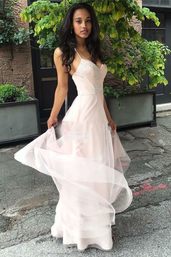 Cheap A Line Tulle Pearl Pink Sweetheart Halter Backless Prom Dress cg7001