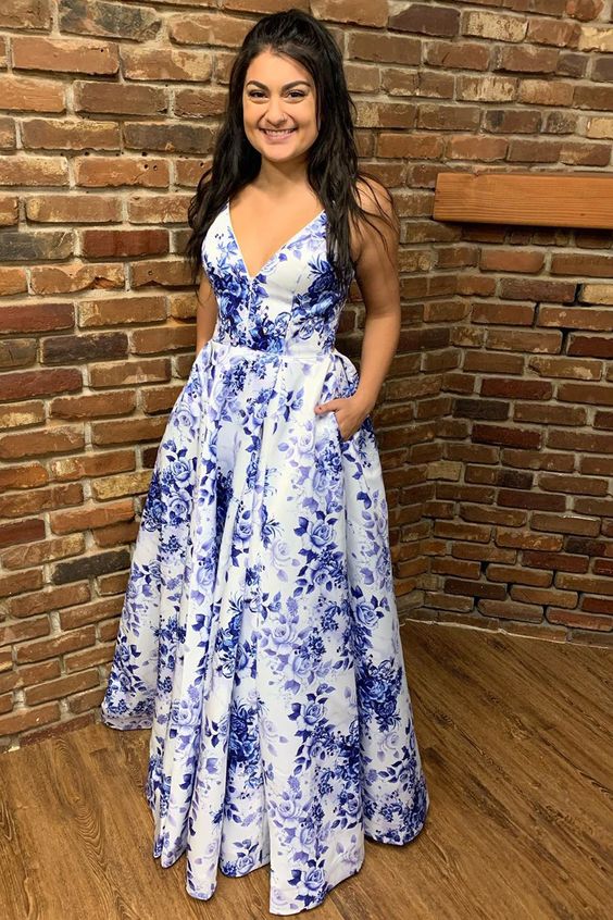Gorgeous A-Line White and Blue Floral Long Prom Dress cg7006