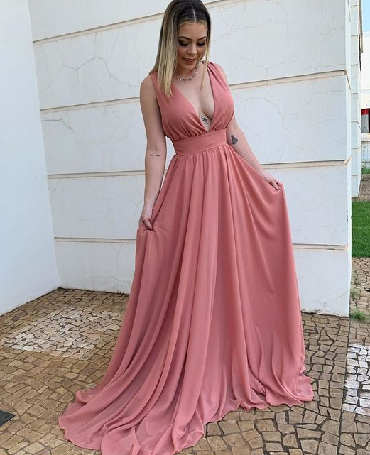 Simple Plunging Neck Chiffon Evening prom Dress cg7008