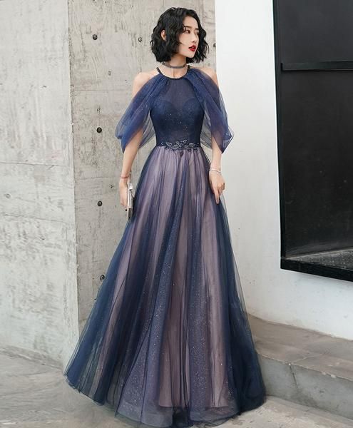 Blue tulle sequin long prom dress blue tulle evening dress cg7025
