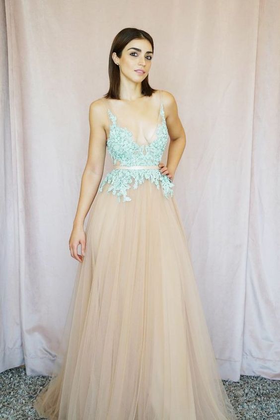 Unique Champagne Tulle Prom Dress with Lace Bodice,Deep V-Neck Lace Evening Dress cg7090