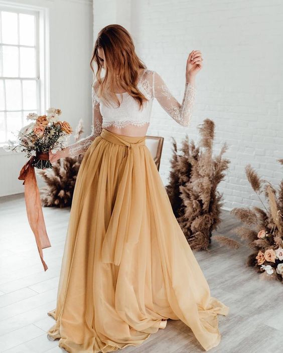 Fashion Two Piece Long Sleeve Lace Champagne Wedding prom Dress cg7091