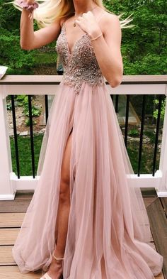 Spaghetti Straps Beaded Pink Long Prom Dress with Slit cg7098
