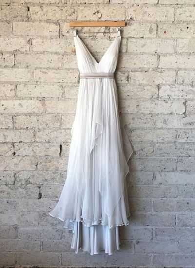 Simple white chiffon deep V neck long prom dress, white party dress cg7101
