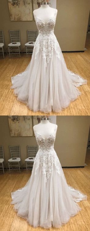 Wh v neck tulle long prom dress, lace evening dress, white lace wedding dress  cg7109