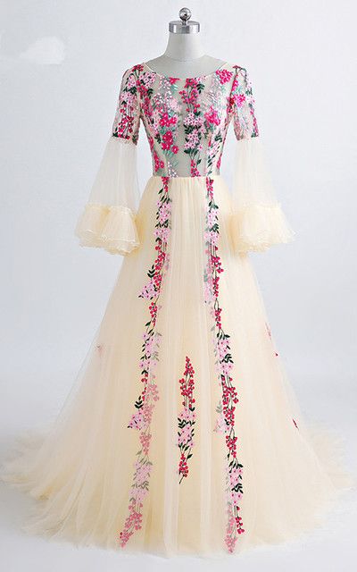 Red Yellow Floral Print A Line Scoop Floor Length Long Prom Dress cg7110