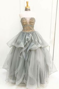 Gray tulle beads sequin long prom dress, gray tulle evening dress cg7117