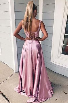 Two Piece Pink Long Prom Dresses For Teens, Chic A Line Party Dresses With High Splits,simple Garduation Dresses For Girls  cg7131