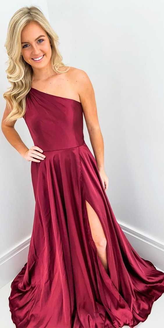 Elegant Wine Red One Shoulder Long Prom/Formal Dress with Split cg7165