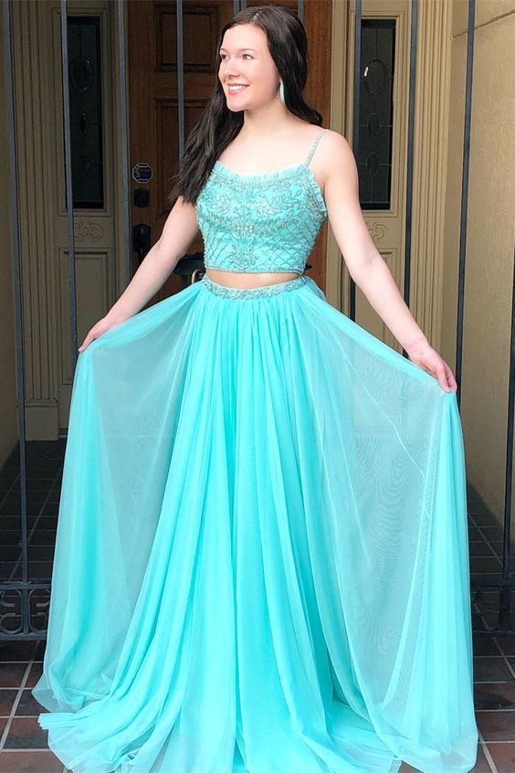 Princess Two Piece Blue Long Prom Dress with Spaghetti Straps cg7169