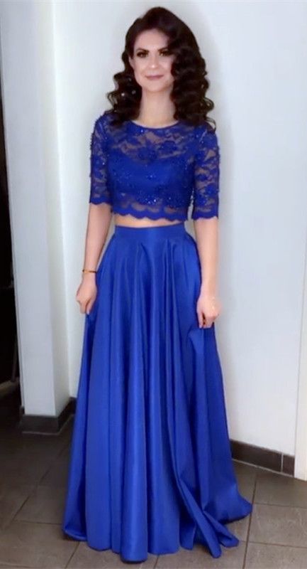 Elegant Lace Crop Floor Length Satin Prom Dresses Two Piece cg7182