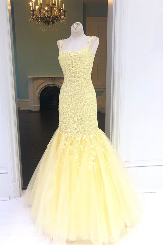 elegant yellow prom dresses, mermaid lace prom gowns, modest evening party gowns cg7193