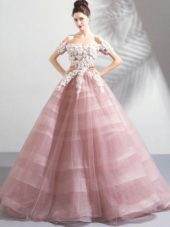 Solid Color Flower Mesh Contrast Slash Neck Wedding prom Dresses cg7201