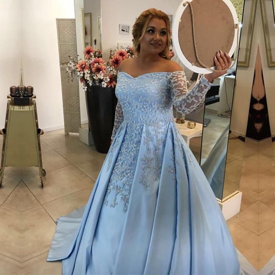 V Neck Off Shoulder Light Blue Satin Ball Gowns Evening prom Dress For Engagement Party cg7215