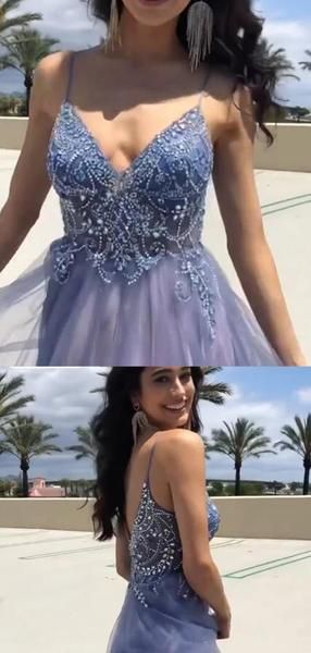 Gorgeous Spaghetti Straps With Rhinestones A-Line Tulle Prom Dresses cg7216