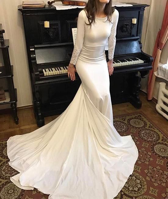 White Round Neck Satin Mermaid Long Prom Dresses White Evening Dress Party Gown cg7228