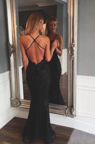 Black Prom Dresses Mermaid Prom Dress Lace Prom Dress Backless Evening Gowns  cg7244