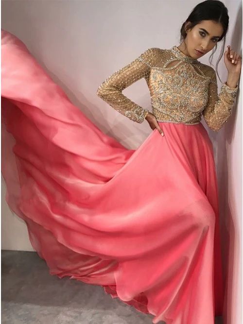 Fancy High Neck Long Sleeves Pink Prom Evening Dress with Beading cg7247