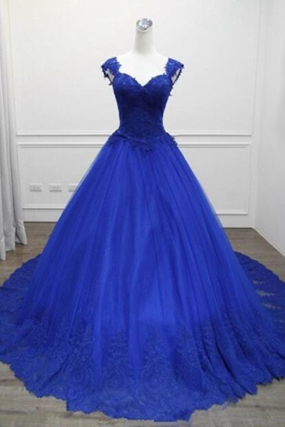 Royal Blue Tulle Long Open Back Lace Evening Dress, Formal Prom Dress cg7249