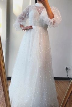 A-line High Neck Long Sleeves White Long Prom Dresses Formal Gowns cg7259