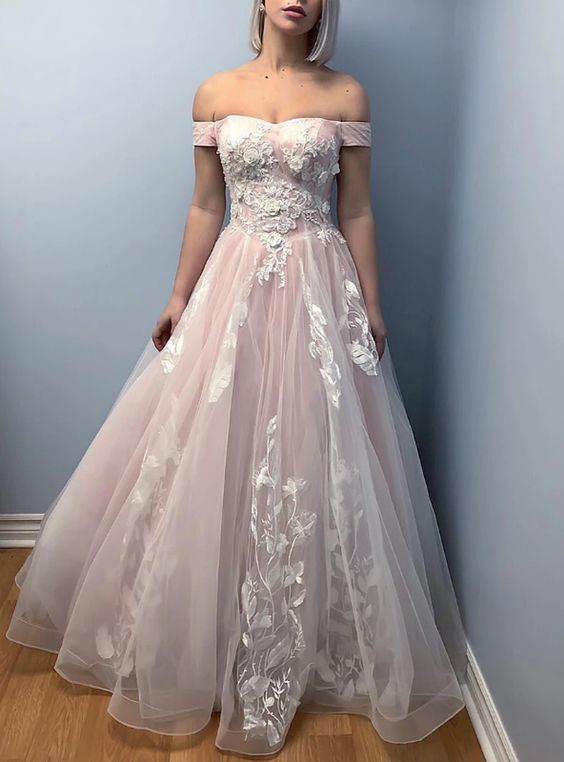 A-Line Pink Tulle Off the Shoulder Appliques Prom Dress cg7261