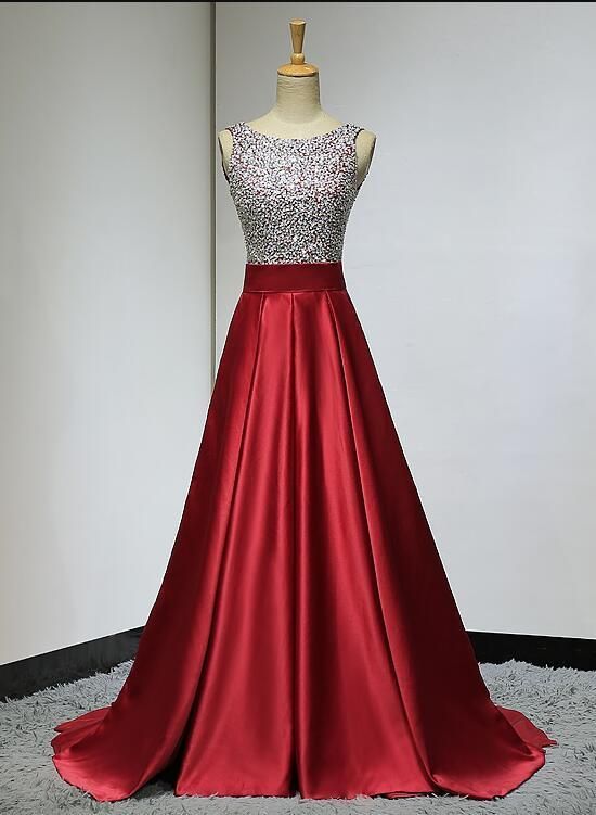 Red Sequins Beaded Backless Long Formal Dress, Red Party prom Dress cg7290
